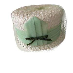Woven Straw/Netting Cloche  Hat Bucket Style Green Ribbon 8 in Church Easter